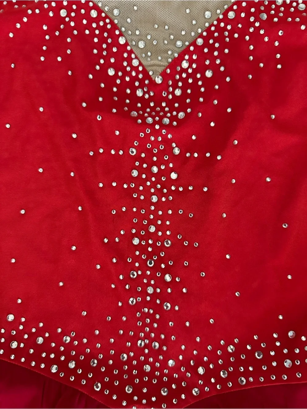 IEFIEL Red Rhinestone-Trim Girls' Dance Dress with Mesh Accent.